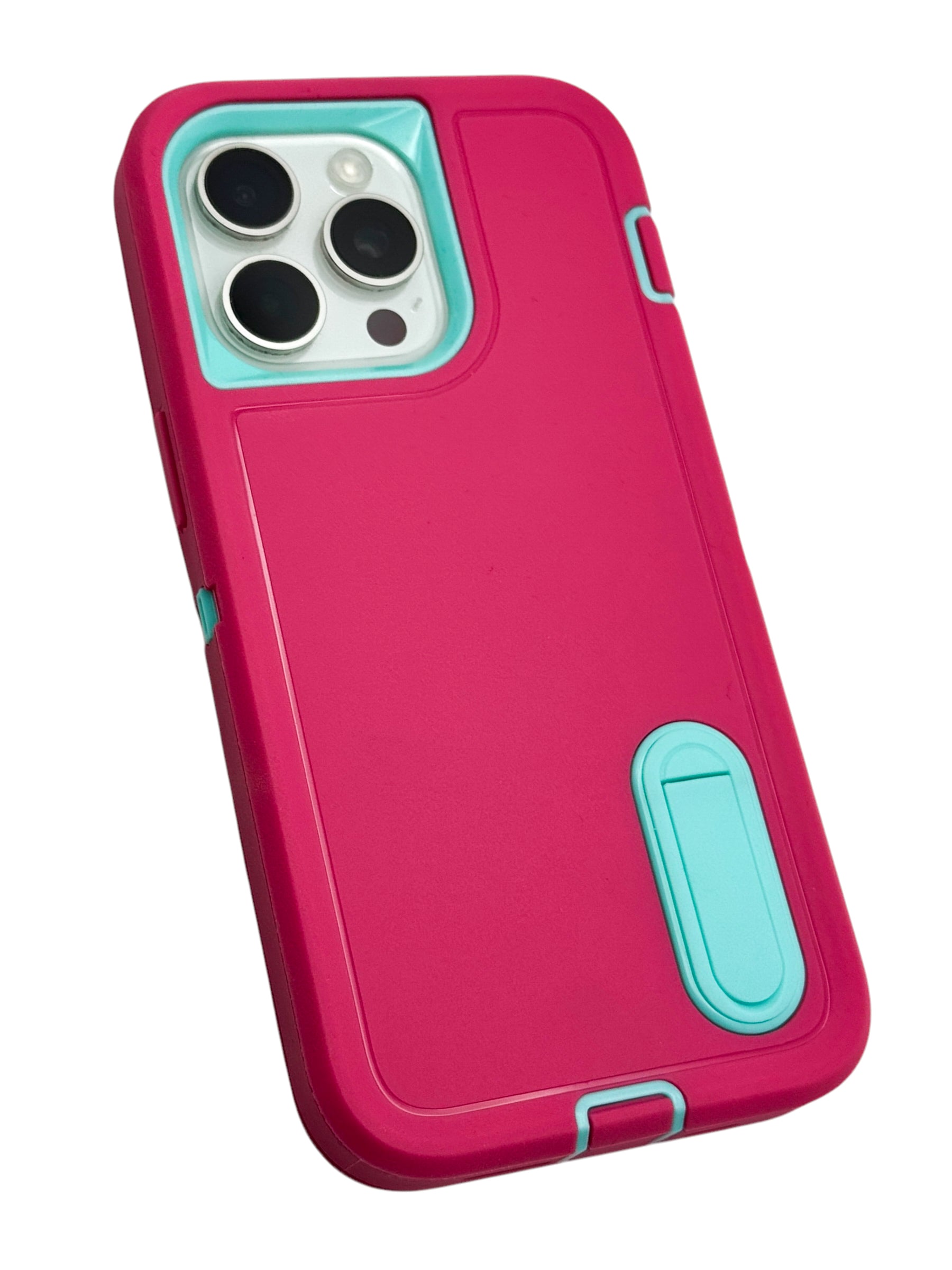 Funda para iPhone 15 pro max uso rudo extremo 3 en 1 con base de apoyo Rosa