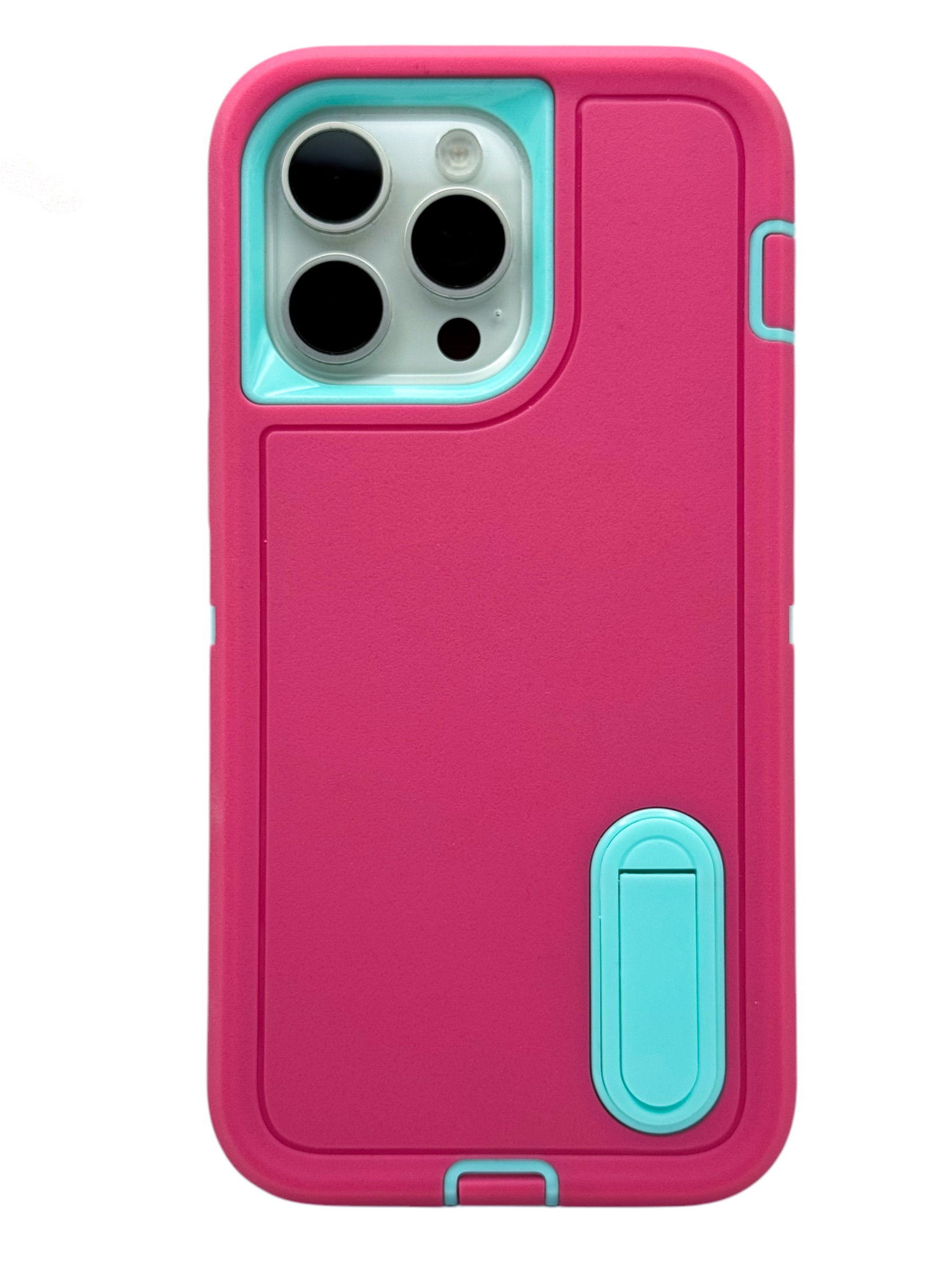Funda para iPhone 15 pro max uso rudo extremo 3 en 1 con base de apoyo Rosa