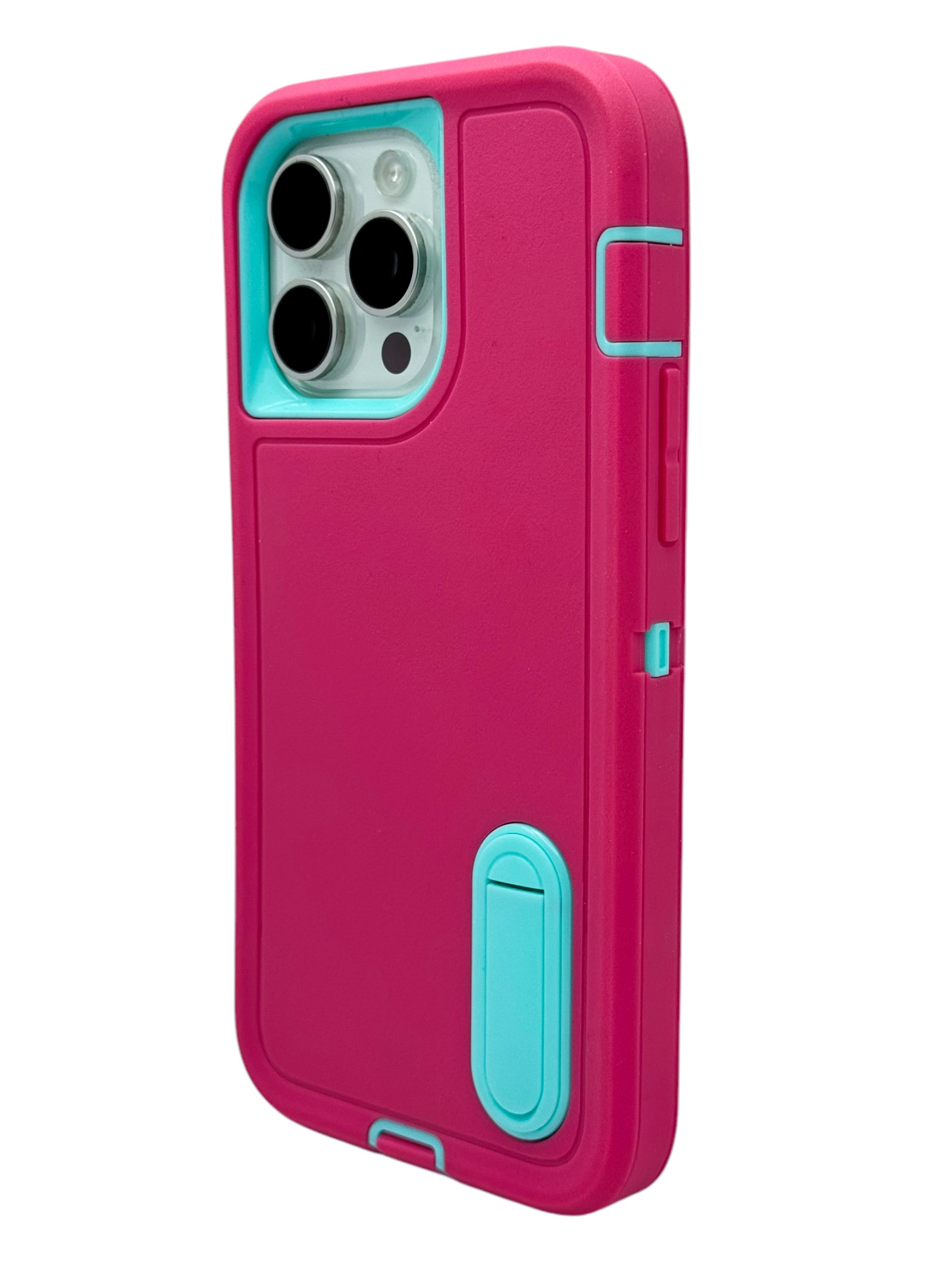 Funda para iPhone 15 pro max uso rudo extremo 3 en 1 con base de apoyo Rosa