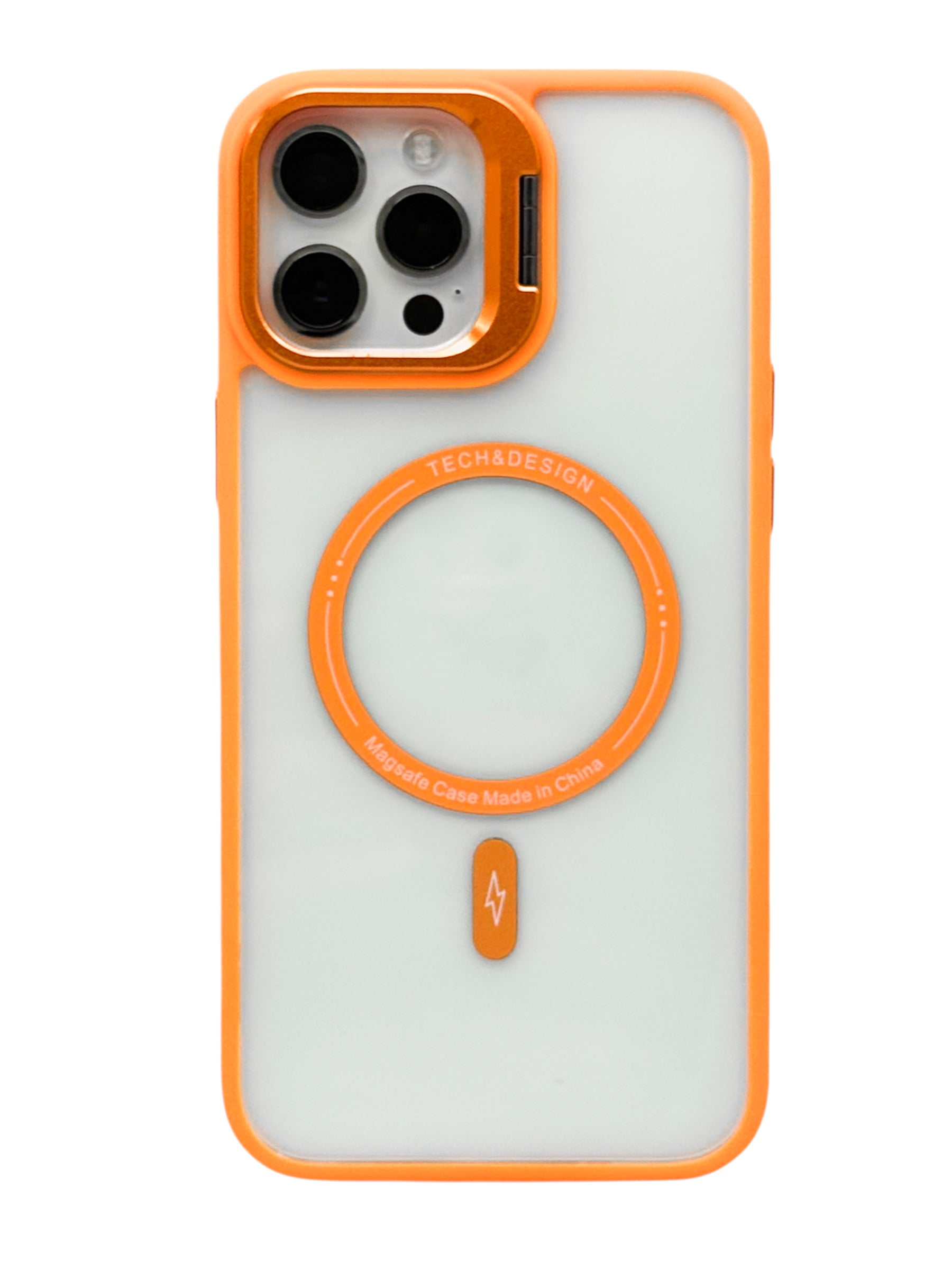 Funda para iPhone 12 PRO MAX (6.7) transparente con magsafe y base en camara naranja