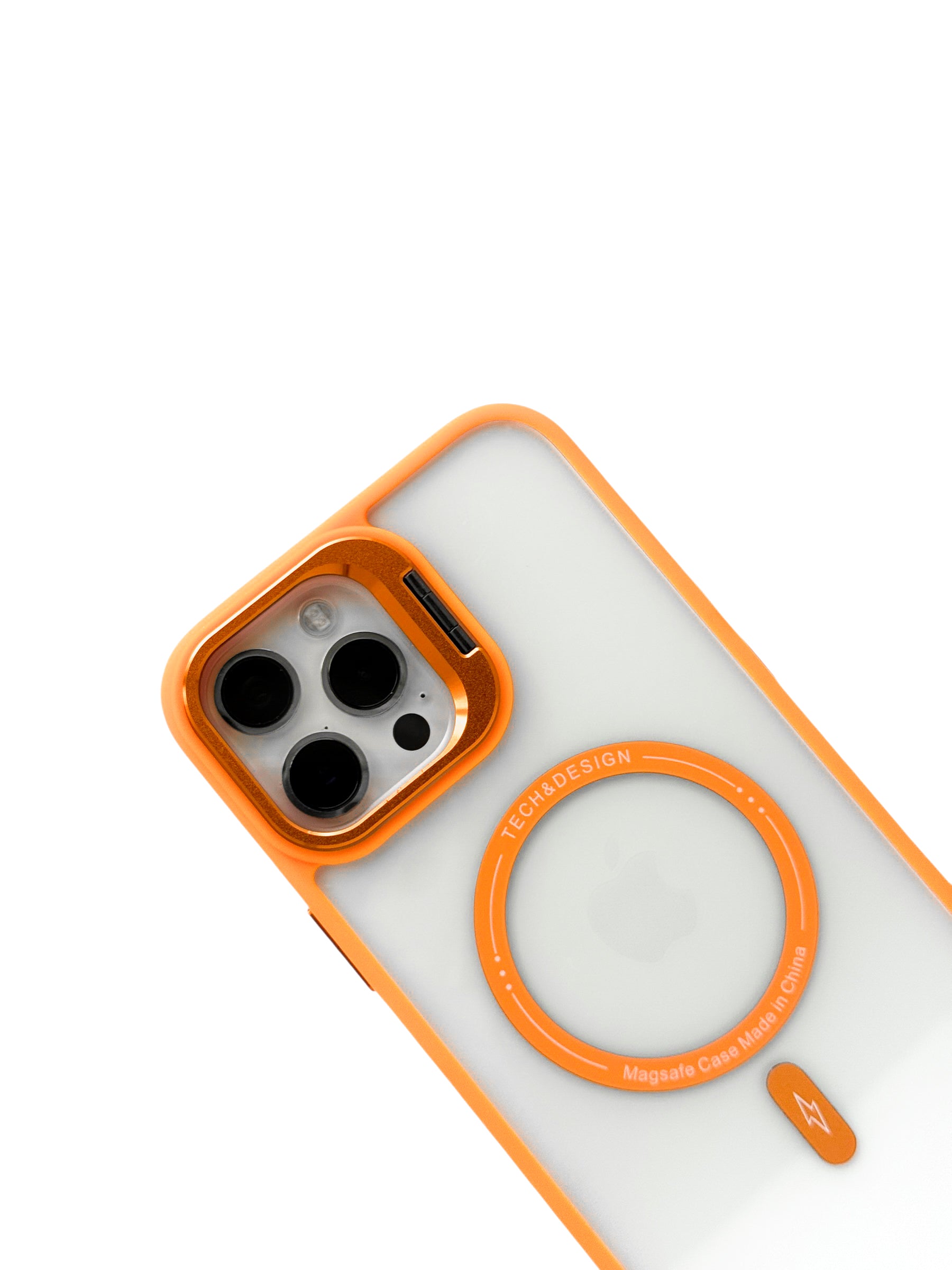 Funda para iPhone 12 PRO MAX (6.7) transparente con magsafe y base en camara naranja