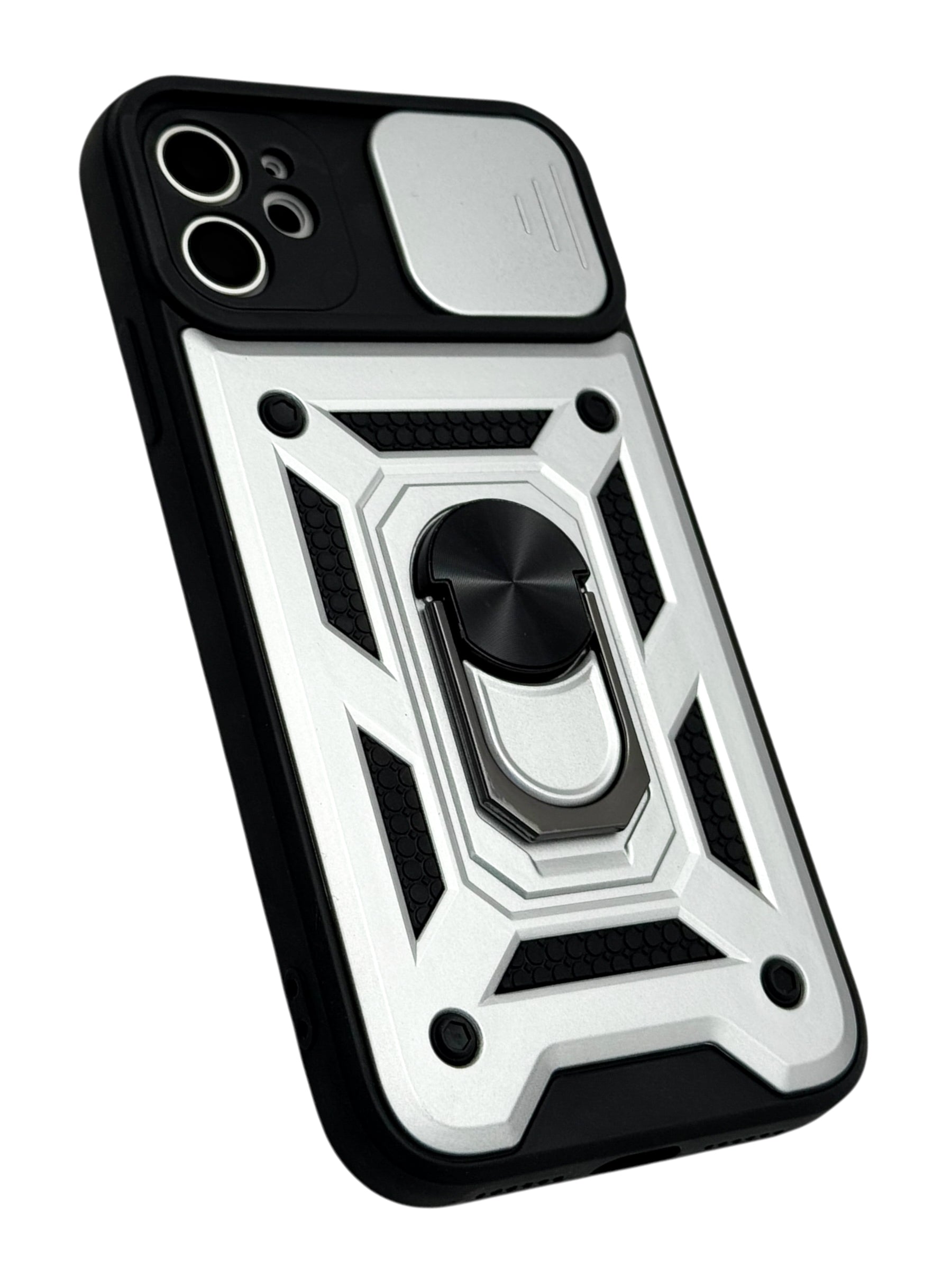 Funda Para iPhone 11 normal (6.1) rigida con doble proteccion en area de camaras y anillo plata