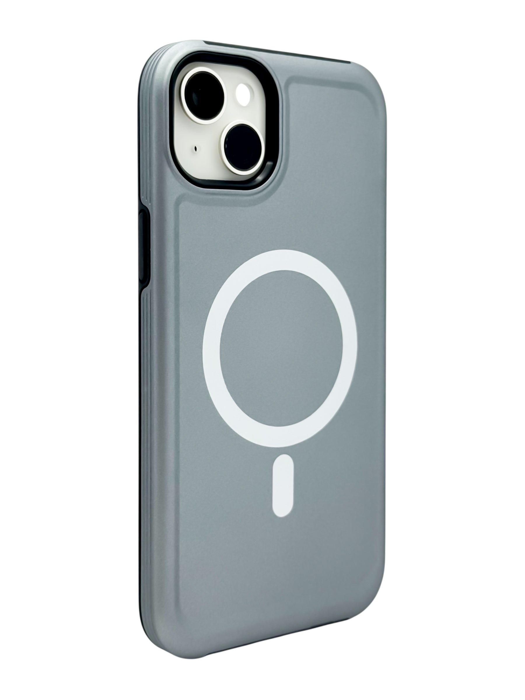 Funda para iPhone 15 plus (6.7) Rigida con aro magsafe textura suave plata