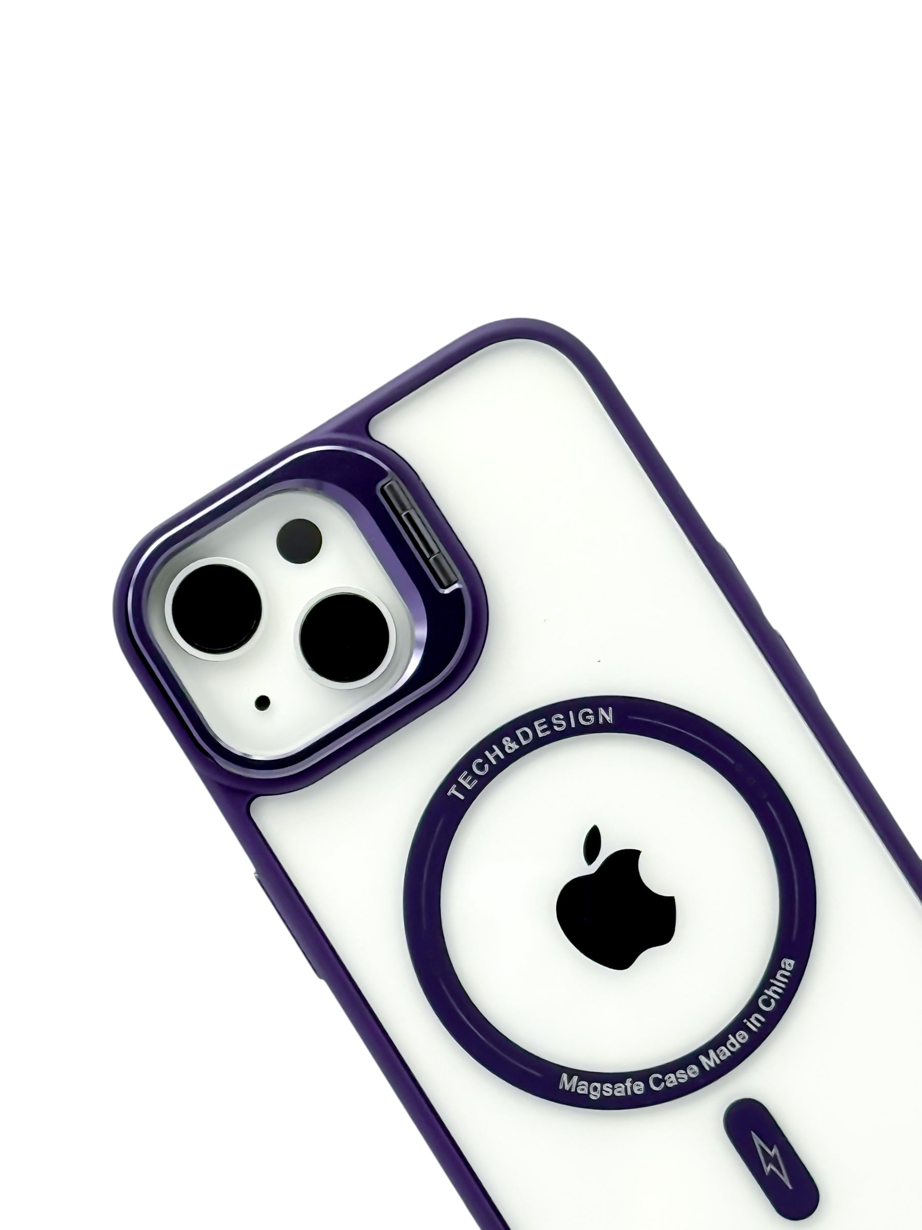 Funda para iPhone 15 normal (6.1) transparente con magsafe y base en camara Morado