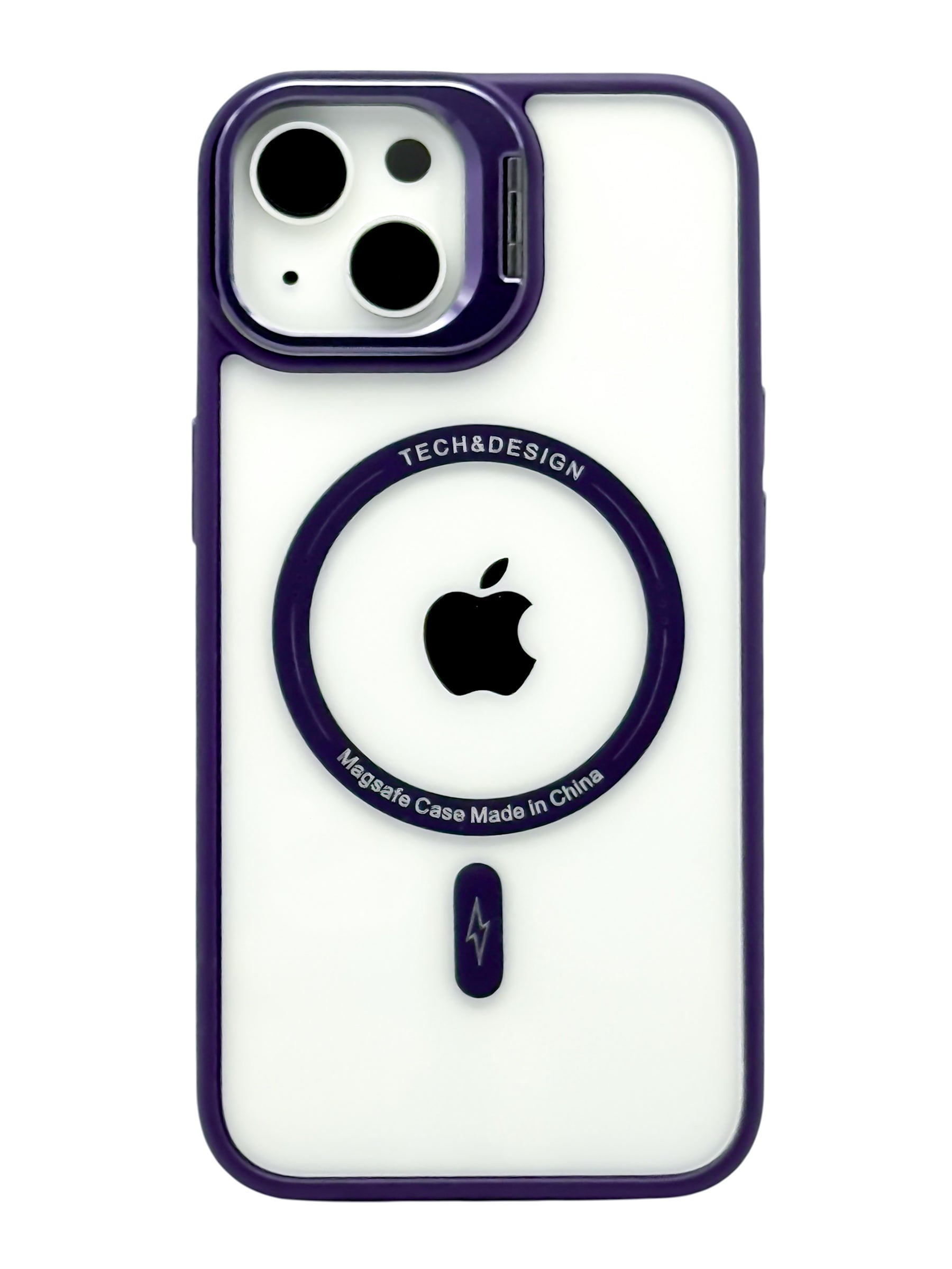 Funda para iPhone 15 normal (6.1) transparente con magsafe y base en camara Morado
